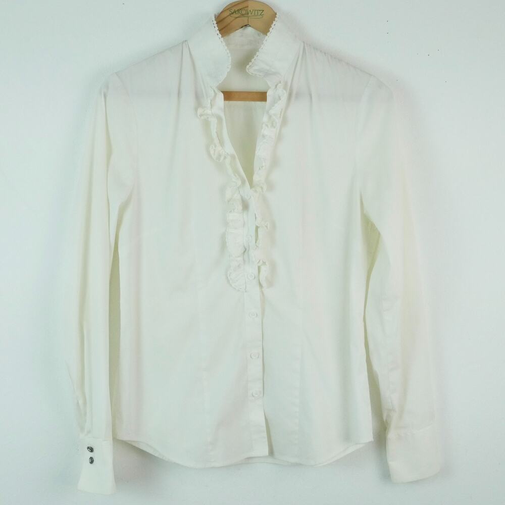 Gorsuch Medium 38 Shirt White Ruffle‎ Blouse Button Down Cotton Stretch Shirt